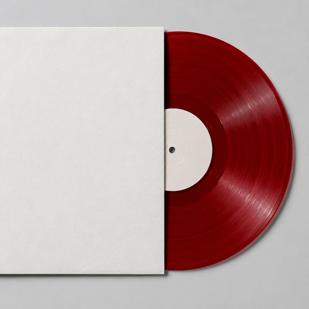 Red vinyl record in a paper sleeve
